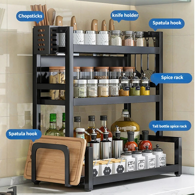 3-in-1 Kitchen Storage Rack – Spice, Seasoning & Cutting Board Organizer